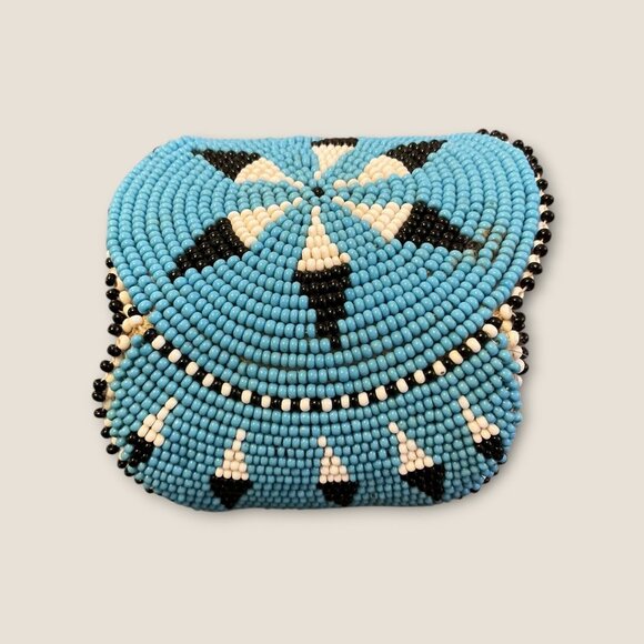 Handmade Blue Beaded Cuff Bracelet With Geometric Black & White Star Pattern - Picture 2 of 4